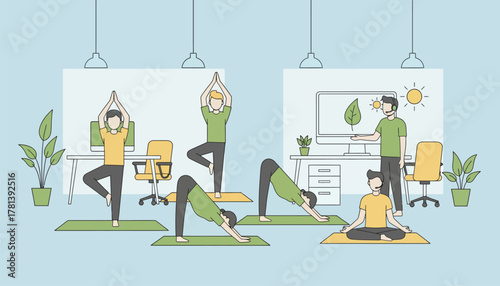A modern office scene where employees are actively participating in a yoga class highlighting wellness initiatives and mental health support.