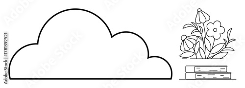 Large cloud shape beside books topped with flowers. Ideal for education, nature, learning, creativity, simplicity, greenery, digital storage. A simple flat metaphor