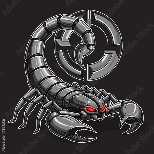 Metallic Scorpion with Red Eyes and Stylized Emblem on Dark Background.