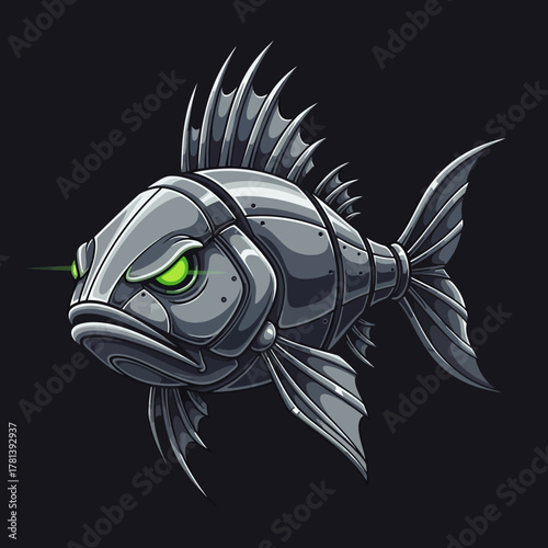 Robotic Fish with Glowing Green Eyes on Dark Background.