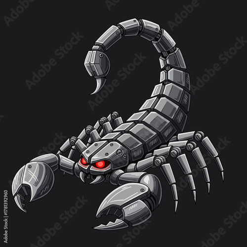 Robotic Scorpion with Glowing Red Eyes on Dark Background.