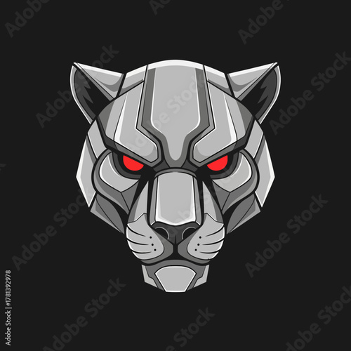 Robotic Panther Head with Glowing Red Eyes on Black Background.