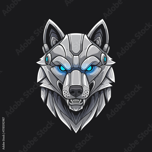 Robotic Wolf Head with Glowing Blue Eyes on Dark Background.
