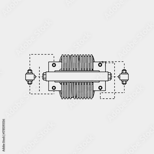 Technical illustration of industrial transformer with detailed electrical connections and components, showcasing structure and functionality of transformer system.