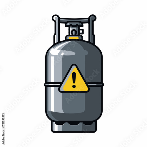 Cautionary gas cylinder with warning label featured prominently. Gas cylinder includes hazard sign indicating flammable content and safety measures. Concept for safety protocols,