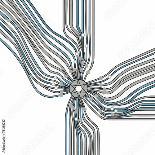 Urban communication system with intricate network of lines and pathways creating dynamic flow in modern design. Urban communication layout emphasizes connectivity and efficiency,