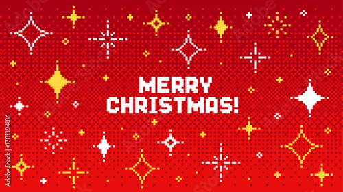 Merry Christmas pixel art greeting on a red background with sparkling stars. Retro video game aesthetic for holiday banner or card.