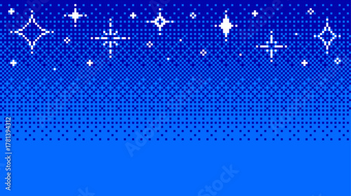 Blue pixel art background with twinkling white stars creating a starry night effect for Christmas and winter holiday design project.