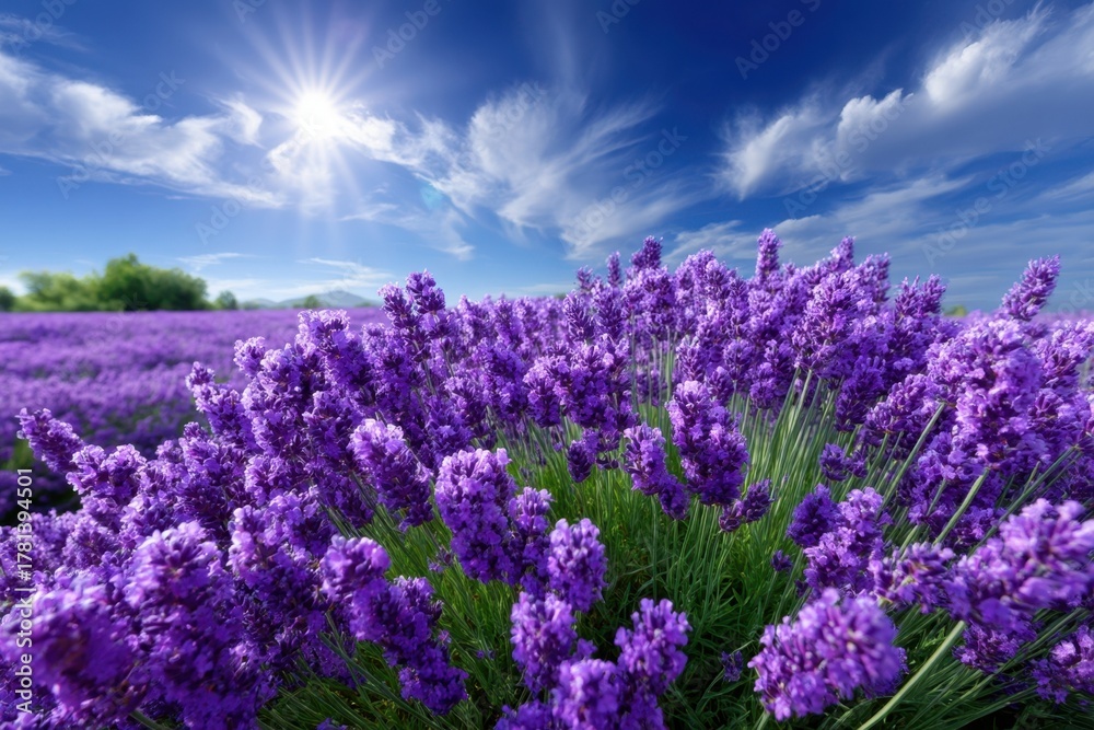 Obraz premium Lavender field blooms under a bright sun in a vibrant landscape during daytime