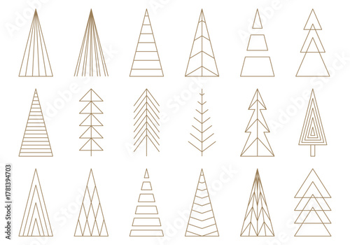 Christmas tree set, minimalist geometric holiday icon, line elements