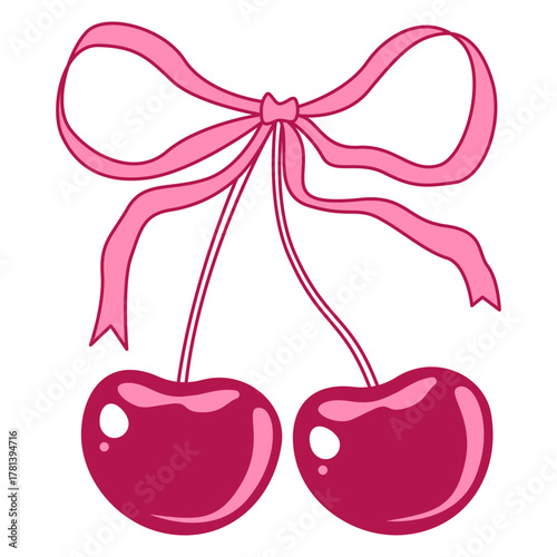 Coquette pretty charming pink bow with cherry berry. Elegant bow knot, gift bow. Beautiful holiday decorative element, festive present decor. Vintage