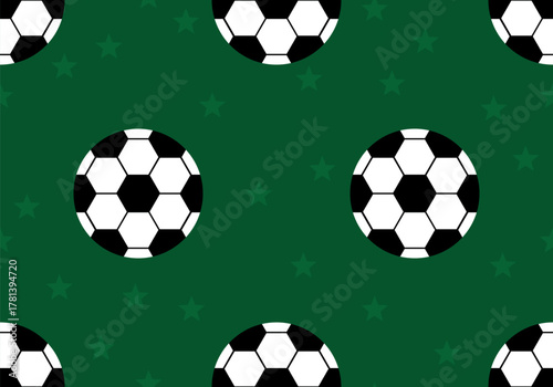 Soccer Ball Seamless Pattern. Soccer balls over green field. Seamless background. Vector illustration