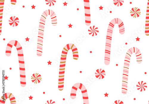 Christmas Candy Cane Red Doodle Seamless Pattern. Christmas candy lollipop seamless pattern. New Year pattern
