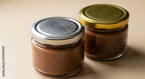 Small Glass Jars Mockup with Chocolate Spread and Metallic Lids.