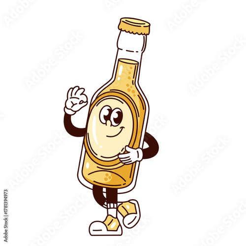 Smiling lemonade bottle character in groovy cartoon style. Playful mascot with retro mood, perfect for beverage branding, summer design, or drink label, vector illustration.