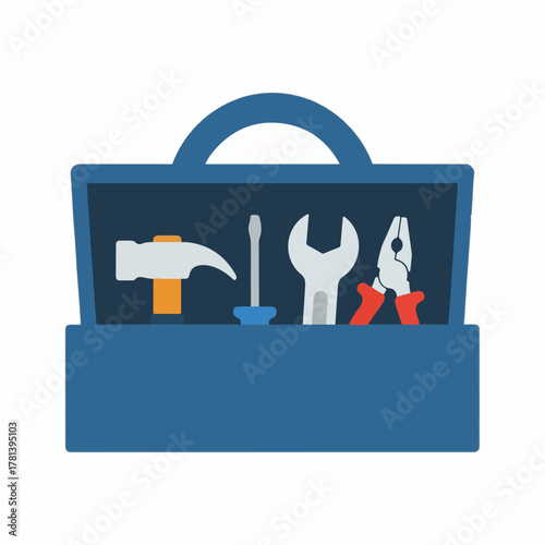 Tool kit with hammer, screwdriver, wrench, and pliers in blue toolbox. Toolbox contains essential tools: hammer for driving nails, screwdriver for screws, wrench for gripping and turning.