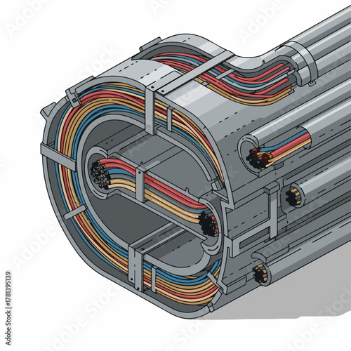 Detailed illustration of urban communication infrastructure with inner cable system for effective transmission of data.