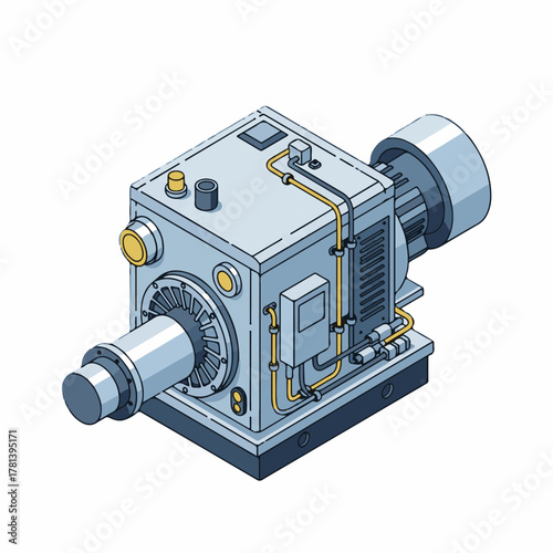 Mechanical gear system with detailed components and industrial design, featuring intricate wiring and motor on round base.