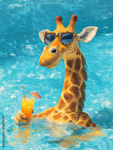 Giraffe wearing sunglasses drinks orange beverage in a pool. Sunny day with blue water and a playful vibe.