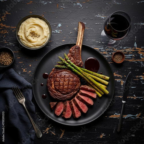 Premium Tomahawk Steak Sliced on Black Plate with Red Wine and Sides