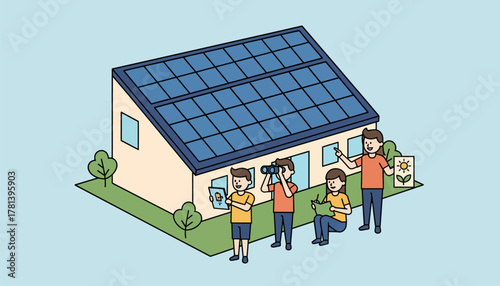 A school integrating solar panels into its infrastructure with students observing and learning about renewable energy.