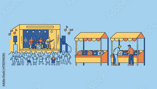 A vibrant music festival scene featuring live performances while vinyl stalls offer collectors rare finds to browse.