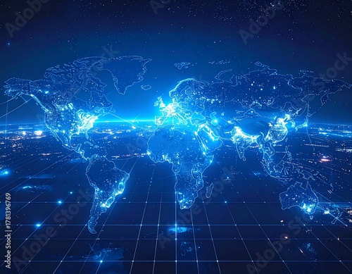 Digital World Map with Glowing Network Connections and Blue Grid