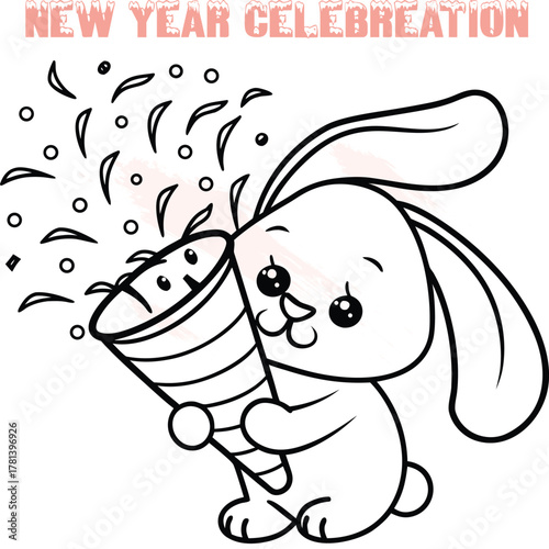 Cute cartoon bunny holding party popper with confetti streamers rabbit animal celebration