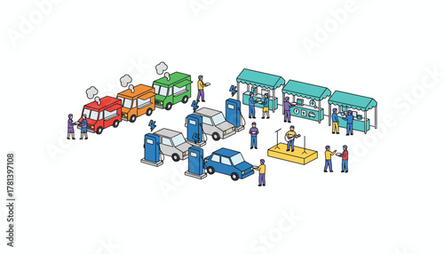 A vibrant community event at an EV charging station featuring food trucks live music and booths educating attendees about electric vehicle technology.