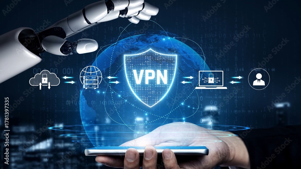 Fototapeta premium AI improves VPN by monitoring traffic, detecting risks, encrypting sessions, and optimizing routing to ensure private, secure, and efficient network access. Marrow