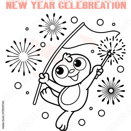 Cute cartoon character holding flag sparkler with fireworks circles animal celebration