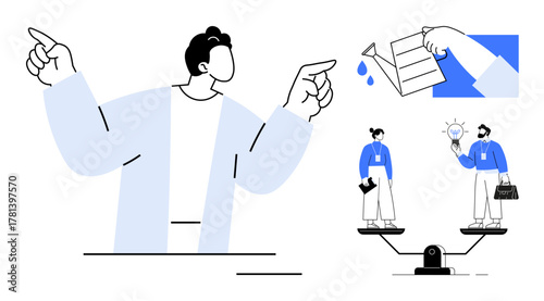 Hands pointing in opposite directions, scales balancing two colleagues, and envelope dropping water. Ideal for leadership, choices, equity, cooperation, judgment, communication and abstract