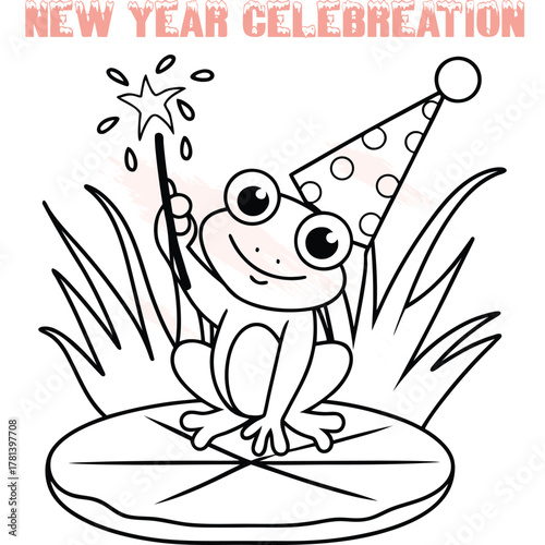 Cute cartoon frog celebrating New Year with party hat sparkler celebration