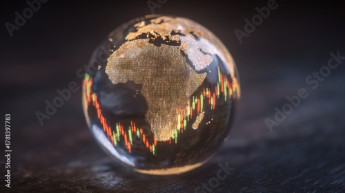 A glass globe displays the African continent lit up, surrounded by colorful stock market graphs. This scene symbolizes global finance and economic activity, highlighting Africas market presence.