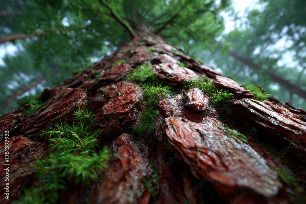 Fototapeta premium Tall tree trunk covered in moss in misty forest showcasing lush greenery and textures