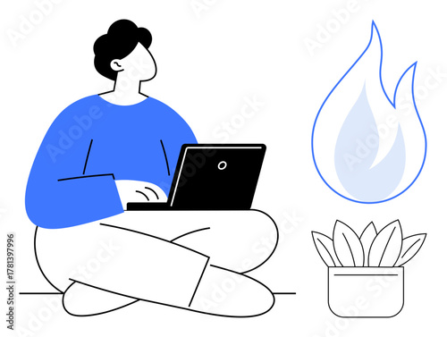 Individual seated cross-legged with laptop, surrounded by a plant and flame icon. Ideal for creativity, workflow, productivity, brainstorming, focus, remote work innovation. Simple flat metaphor