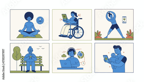 A collage of diverse individuals in various settings each engaging with mindfulness apps tailored to their needs.