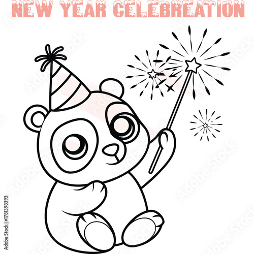 Cute panda in party hat holding sparkler with fireworks for New Year celebration