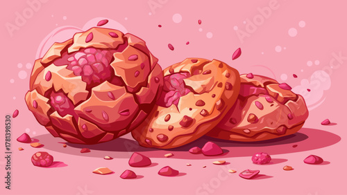 Very beautiful close-up of crumbled pink cookies on a soft pink backdrop, with delicate texture, crumbs scattered naturally, and warm light creating a realistic and visually appealing dessert scene.