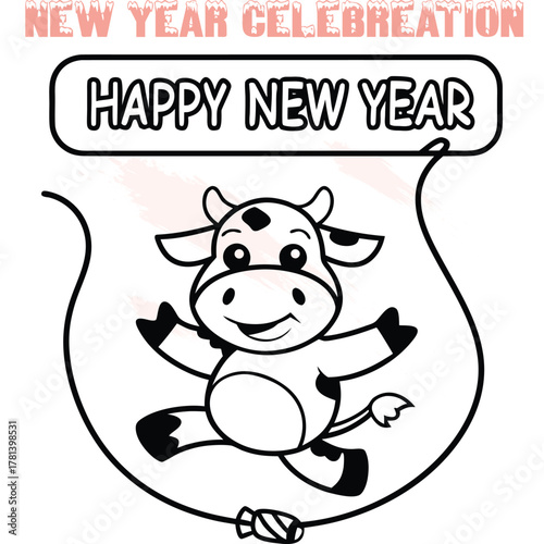 Happy cartoon cow jumping with rope celebrating New Year celebration