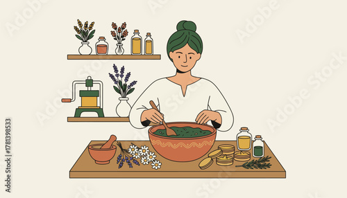 A practitioner crafting homemade herbal salves and balms highlighting the blend of traditional knowledge and DIY health solutions.