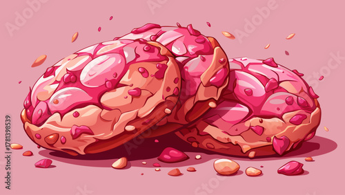 Very beautiful close-up of crumbled pink cookies on a soft pink backdrop, with delicate texture, crumbs scattered naturally, and warm light creating a realistic and visually appealing dessert scene.