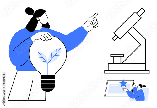 Person holding light bulb with plant design, pointing at microscope, and viewing tablet screen with star. Ideal for science, research, innovation, sustainability, education, creativity eco-friendly