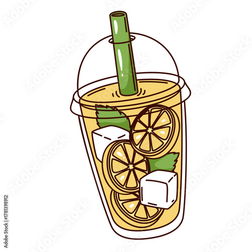 Plastic cup with fresh lemonade, lemon slices, mint leaves, and ice cubes in groovy cartoon style. Refreshing summer drink for cafe branding or menu design, vector illustration.
