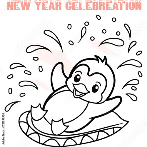 Playful cartoon penguin sliding ice with splashes for New Year celebration animal cute
