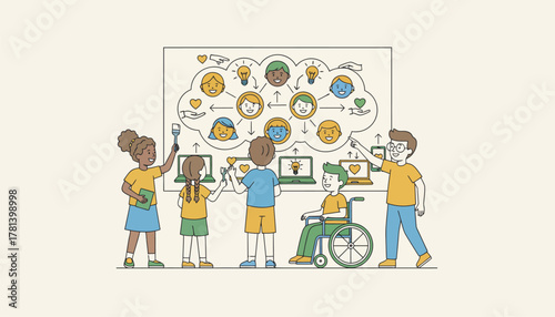 A diverse group of children creating a mural that illustrates kindness and inclusivity promoting a positive online environment.