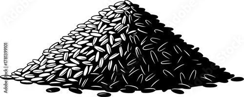 Illustration of a pile of rice grains in black and white silhouette
