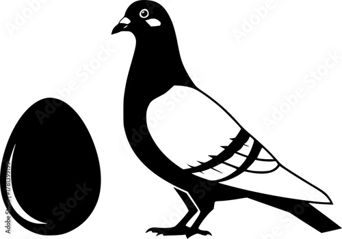 Illustration of a pigeon standing next to an egg silhouette
