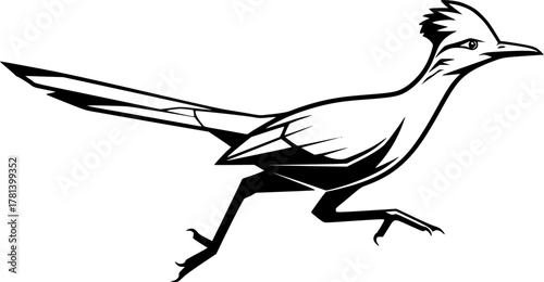 Cartoon roadrunner running in black and white style silhouette
