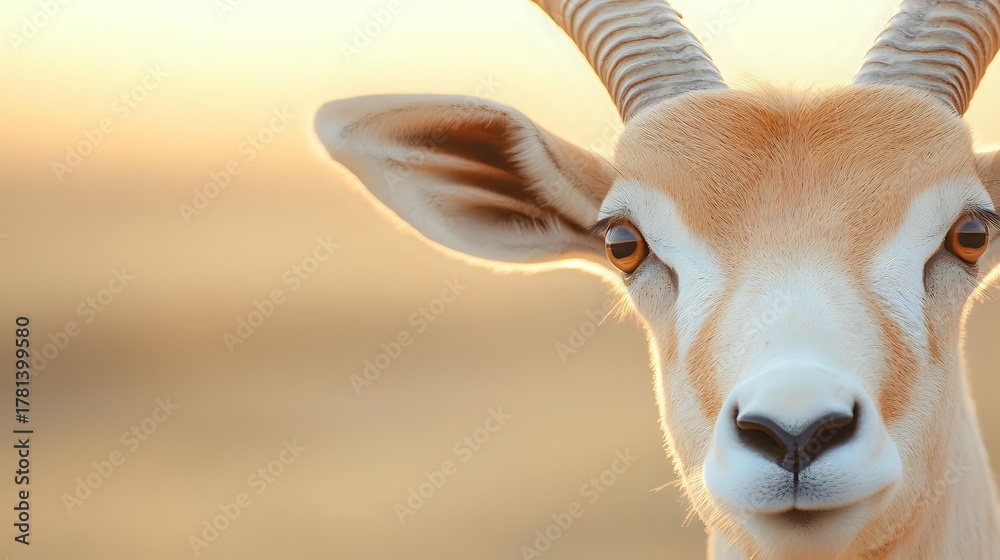 Obraz premium Close-up portrait of gazelle with striped horns against blurred golden sunset background, showcasing wildlife in natural habitat.